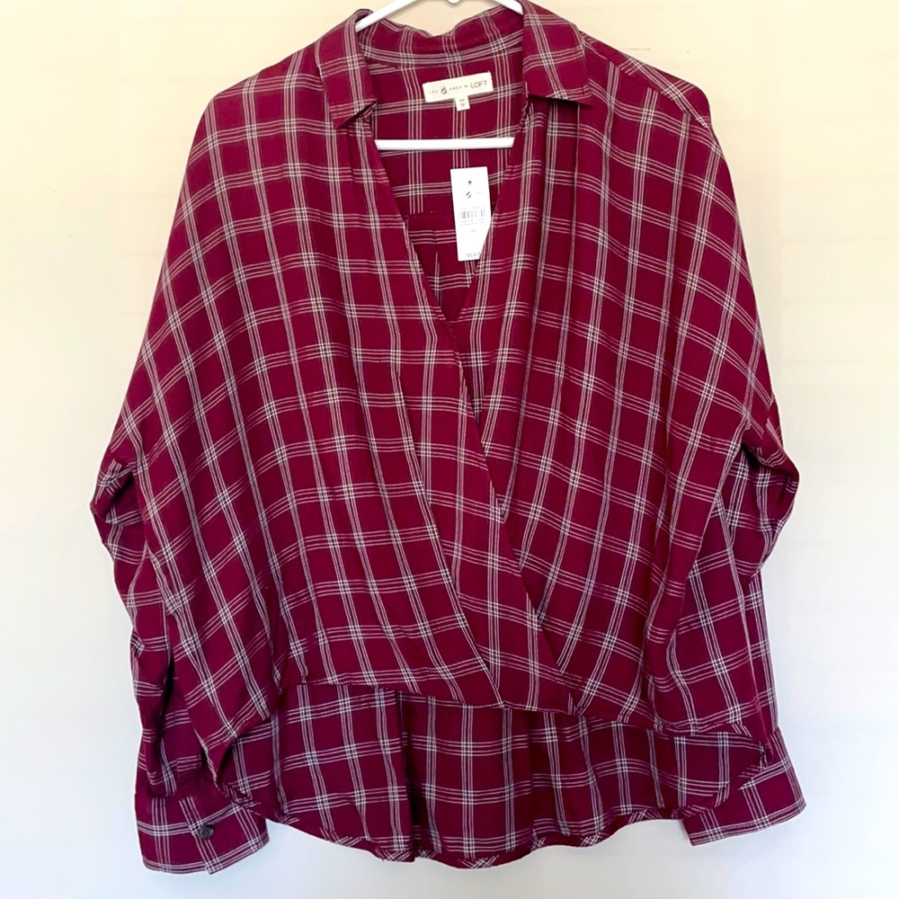 LOU & GREY Plaid Wrap Front Top